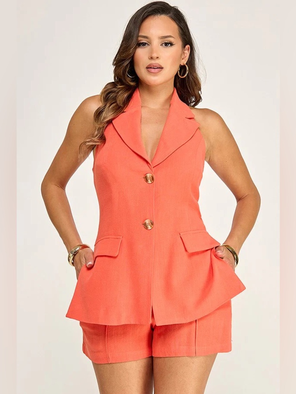 Coral Vest & Shorts Set – Sleeveless Blazer Co-Ord | Summer Chic Matching Set